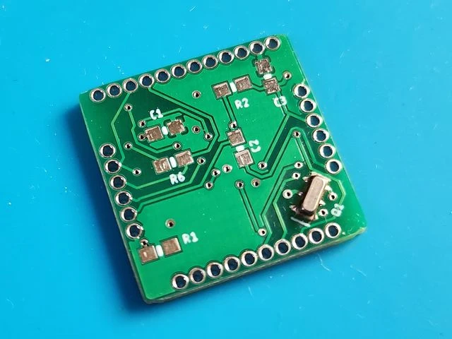 Solder resonator on bottom of mini arduino pcb