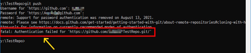 fatal: Authentication failed when executing git push command